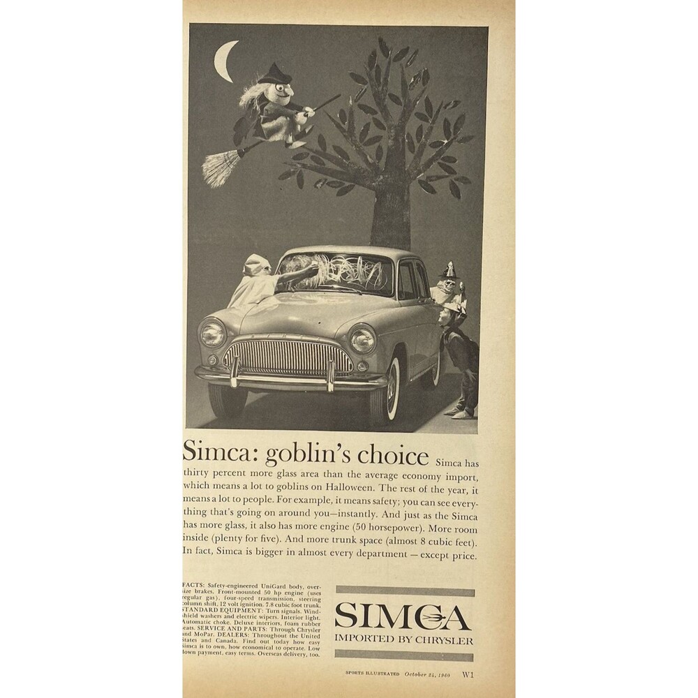 Chrysler Simca Economy Import "Holloween: Goblin's Choice" Vintage Print Ad 1960